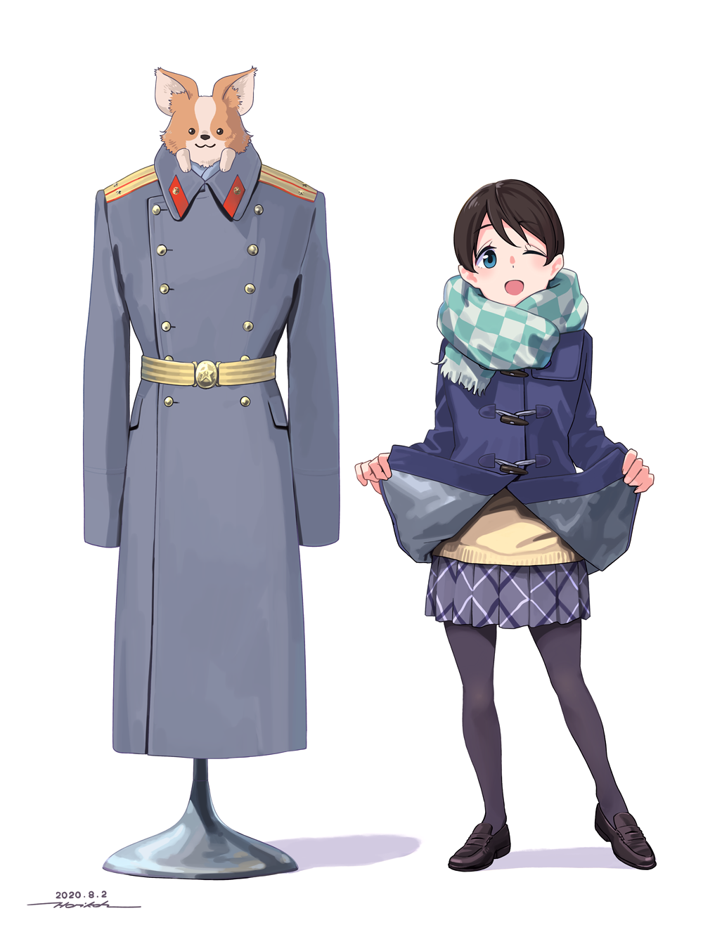 :d blue_coat blue_eyes blue_scarf brown_footwear brown_hair checkered checkered_scarf chikuwa_(yurucamp) coat coat_lift contrapposto dated double-breasted grey_coat grey_legwear grey_skirt highres horikou loafers long_hair long_sleeves looking_at_viewer military military_uniform one_eye_closed open_mouth pantyhose pleated_skirt saitou_ena scarf shoes signature skirt smile soviet_army sweater uniform yellow_sweater yurucamp