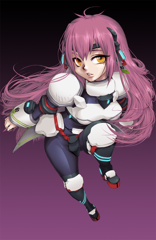 1girl armor beauty_mark black_headband cowboy_shot cyborg futuristic gloves knees_up long_hair looking_at_viewer mini_fighter number official_art pale_skin parted_lips pink_hair purple_background solo straight_hair xiah_(mini_fighter) yellow_eyes