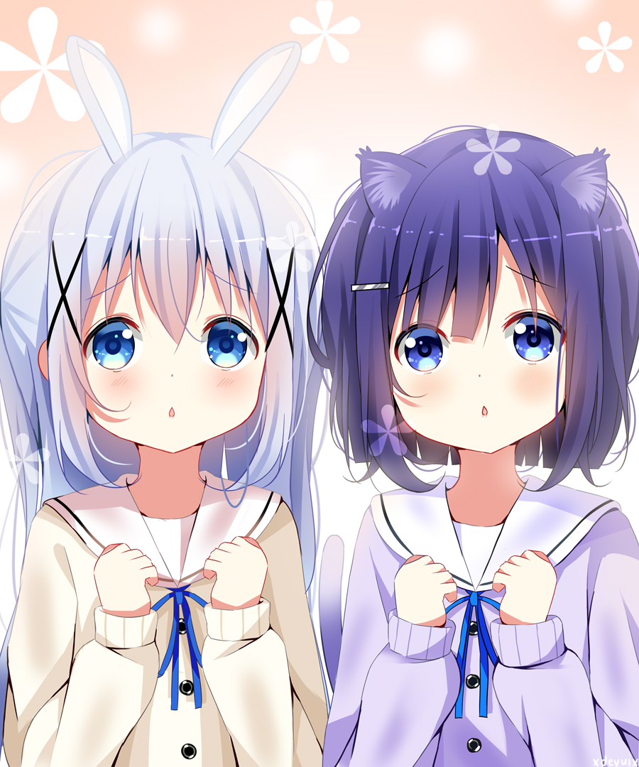 2girls animal_ear_fluff animal_ears bangs blue_eyes blue_hair blue_ribbon blue_shirt brown_background brown_shirt cat_ears commentary_request deyui eyebrows_visible_through_hair fuiba_fuyu gochuumon_wa_usagi_desu_ka? gradient gradient_background hair_between_eyes hair_ornament hairclip hands_up kafuu_chino long_hair long_sleeves looking_at_viewer multiple_girls neck_ribbon rabbit_ears ribbon sailor_collar school_uniform serafuku shirt silver_hair sleeves_past_wrists upper_body white_background white_sailor_collar x_hair_ornament