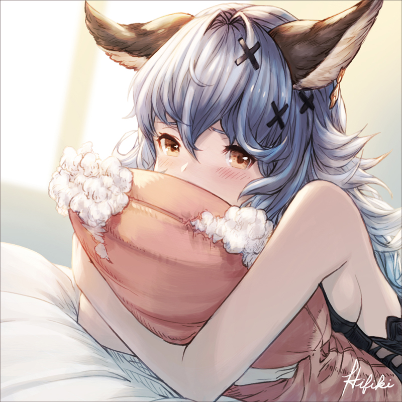 1girl animal_ears backless_outfit bare_legs bare_shoulders black_dress blue_hair blurry blush breasts commentary commission depth_of_field dress earrings erune eyelashes ferry_(granblue_fantasy) granblue_fantasy hair_between_eyes hair_intakes hair_ornament hoop_earrings indoors ivris jewelry long_hair looking_at_viewer lying on_bed on_stomach pillow pillow_hug rabbit_ears shiny shiny_hair sideboob sidelighting single_earring small_breasts solo upper_body wavy_hair x_hair_ornament yellow_eyes