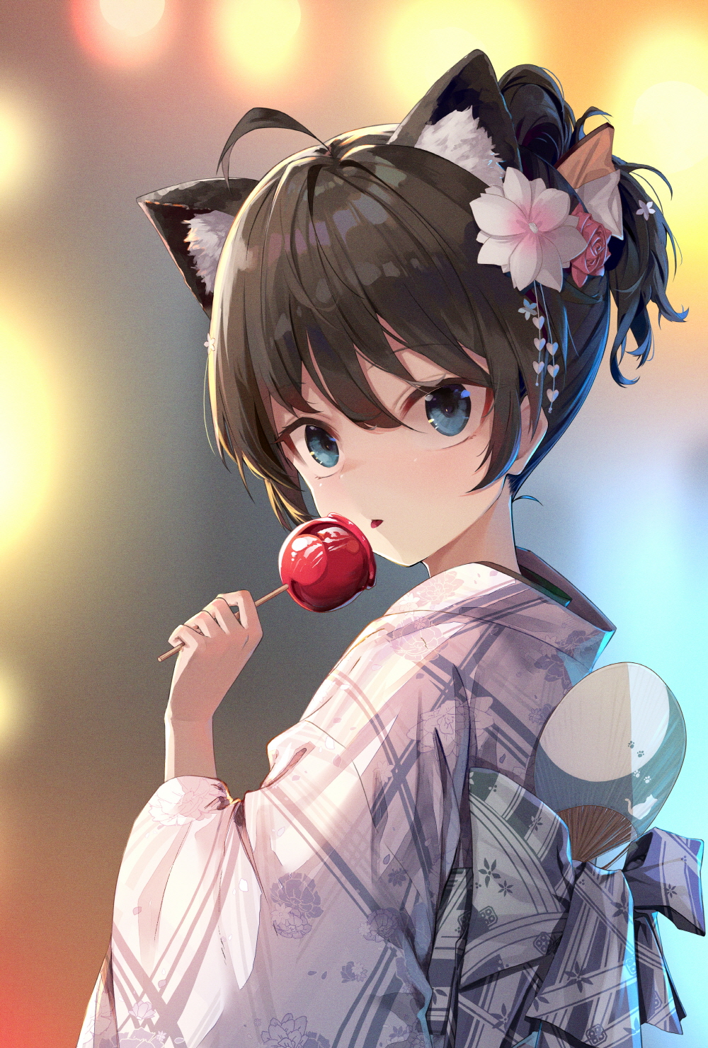 1girl ahoge animal_ear_fluff animal_ears blue_eyes blurry bokeh brown_hair candy_apple copyright_request depth_of_field eating fan floral_print flower folded_ponytail food from_side hair_flower hair_ornament highres japanese_clothes kimono paper_fan sash solo soya_(torga) uchiwa upper_body yukata