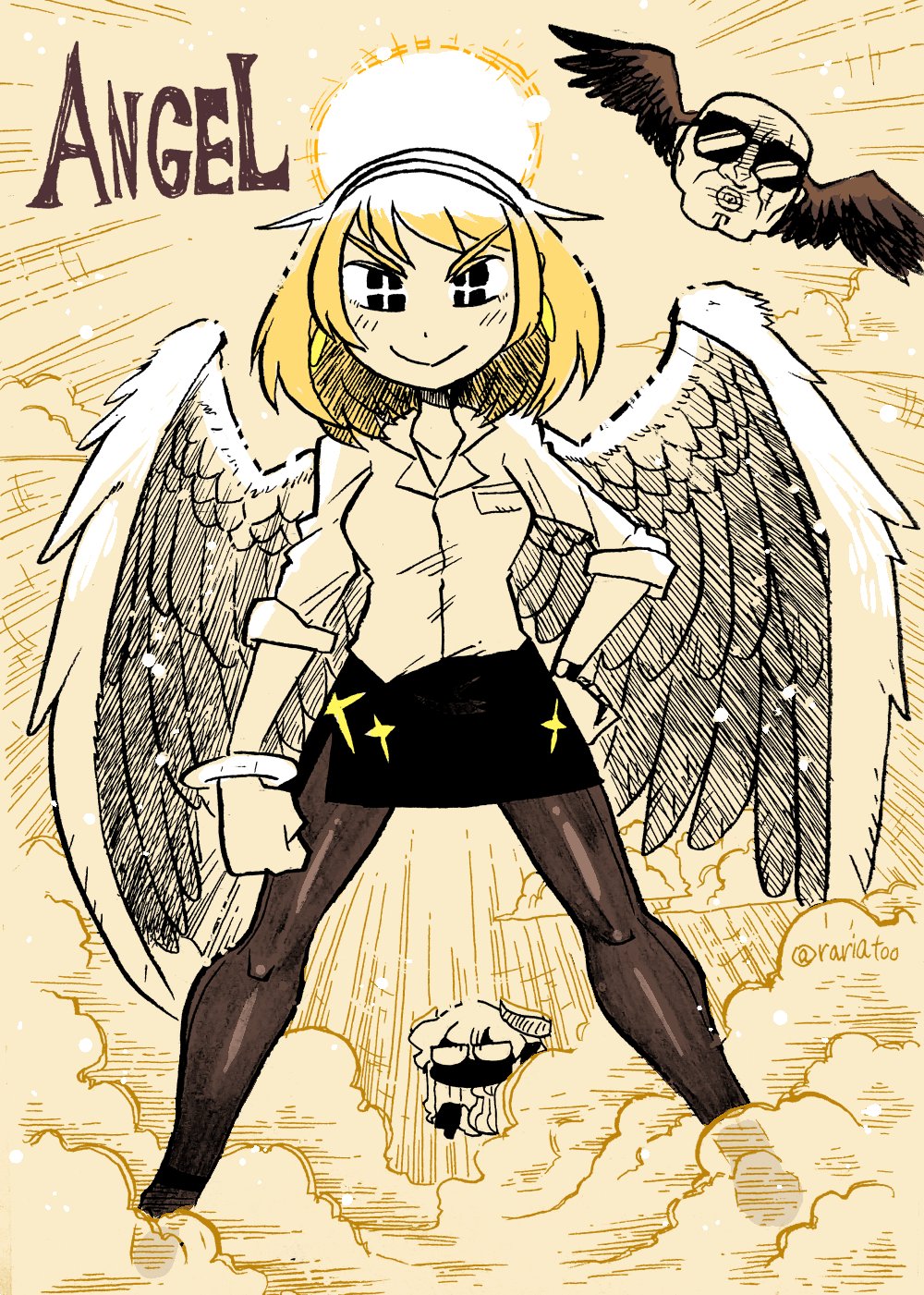 +_+ 2girls aldegon_(rariatto) angel angel_wings black_skin black_skirt blonde_hair blush brown_legwear clenched_hands closed_mouth collared_shirt colorized commentary dot_nose dress_shirt english_commentary feathered_wings hairband halo hand_on_hip highres ink_(medium) inktober legs_apart looking_at_viewer miniskirt mixed_media multiple_girls original pantyhose pencil_skirt rariatto_(ganguri) shirt short_hair skirt smile solo_focus sunglasses thumbs_down traditional_media twitter_username watch watch wing_collar wings