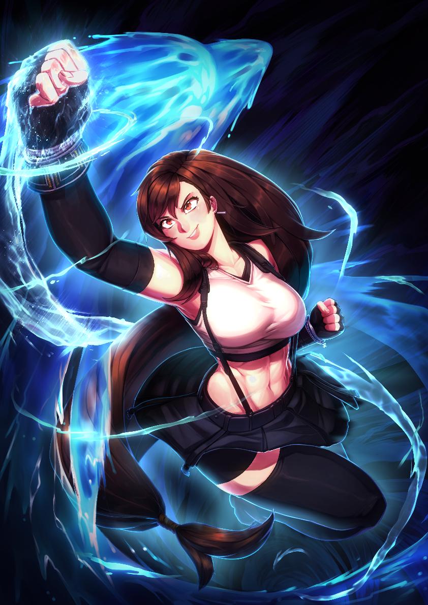 1girl abs bare_shoulders bike_shorts black_hair breasts brown_eyes collarbone commentary earrings elbow_gloves english_commentary final_fantasy final_fantasy_vii final_fantasy_vii_remake fingerless_gloves full_body gloves jewelry koi_drake large_breasts long_hair navel skirt sleeveless solo thigh-highs tifa_lockhart very_long_hair