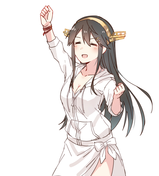 1girl black_hair closed_eyes commentary_request cowboy_shot drawstring hairband haruna_(kantai_collection) headgear hood hooded_jacket hoodie jacket kantai_collection long_hair raised_fist sarong satsumi simple_background smile solo standing white_background white_jacket white_sarong