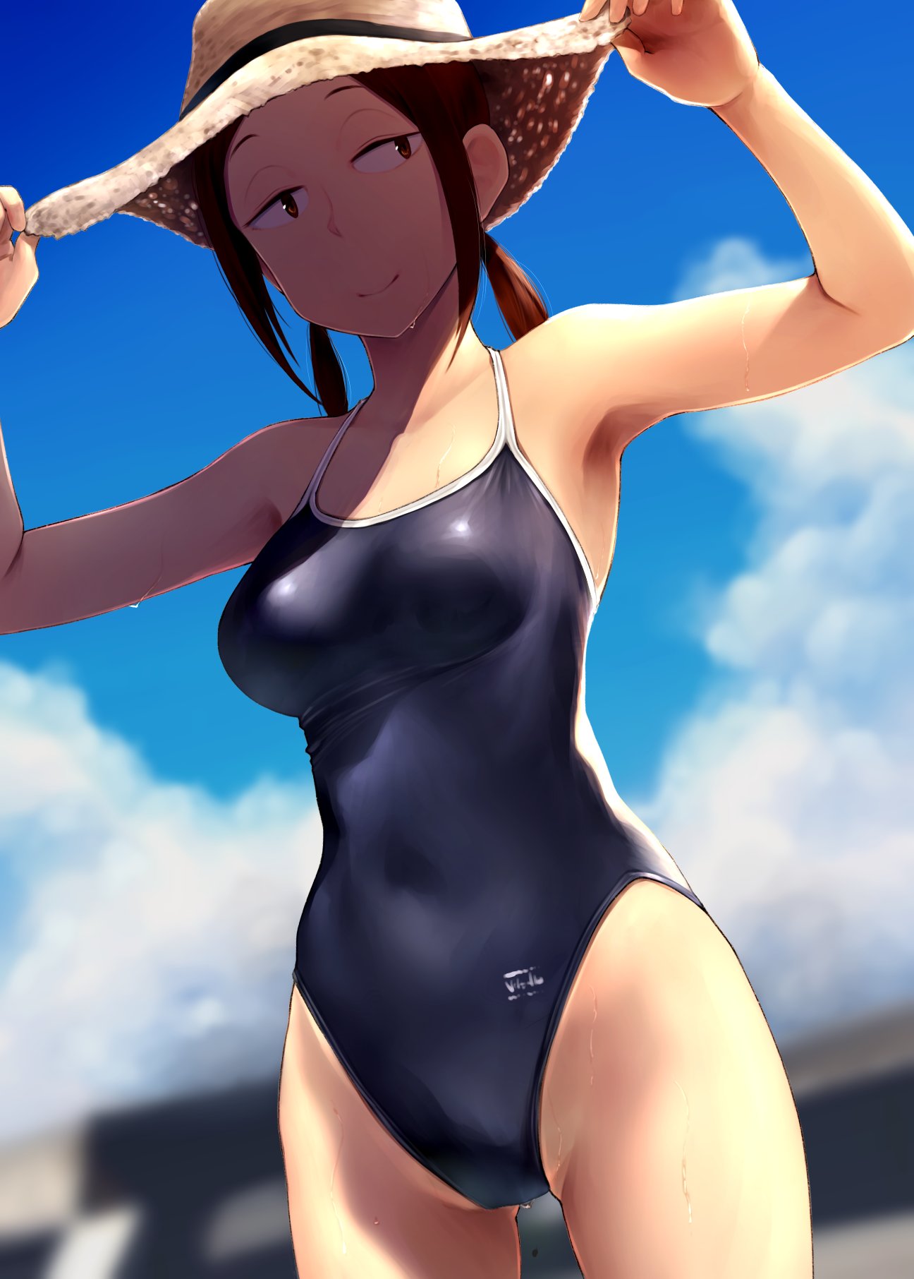 1girl bikini black_swimsuit blue_sky breasts brown_eyes brown_hair clouds collarbone commentary_request competition_school_swimsuit cowboy_shot day hat highres houkago_teibou_nisshi kuroiwa_yuuki long_hair looking_to_the_side low_ponytail outdoors side-tie_bikini sky small_breasts solo straw_hat sun_hat swimsuit wa_(genryusui)