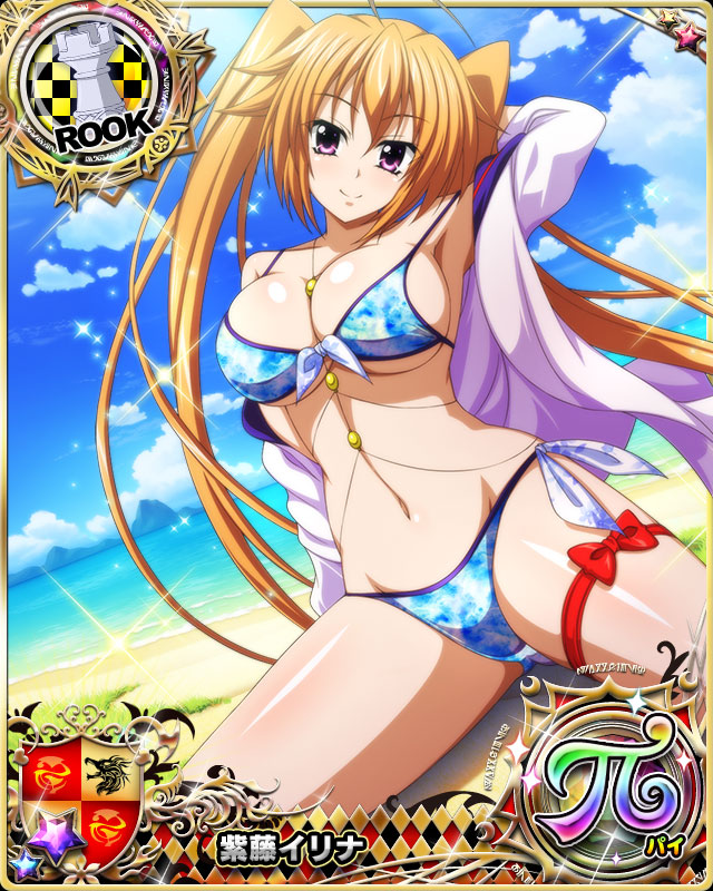 1girl beach bikini breasts card_(medium) character_name chess_piece closed_mouth day high_school_dxd high_school_dxd_pi large_breasts long_hair looking_at_viewer navel official_art orange_hair rook_(chess) shidou_irina smile solo source_request swimsuit trading_card twintails very_long_hair violet_eyes water