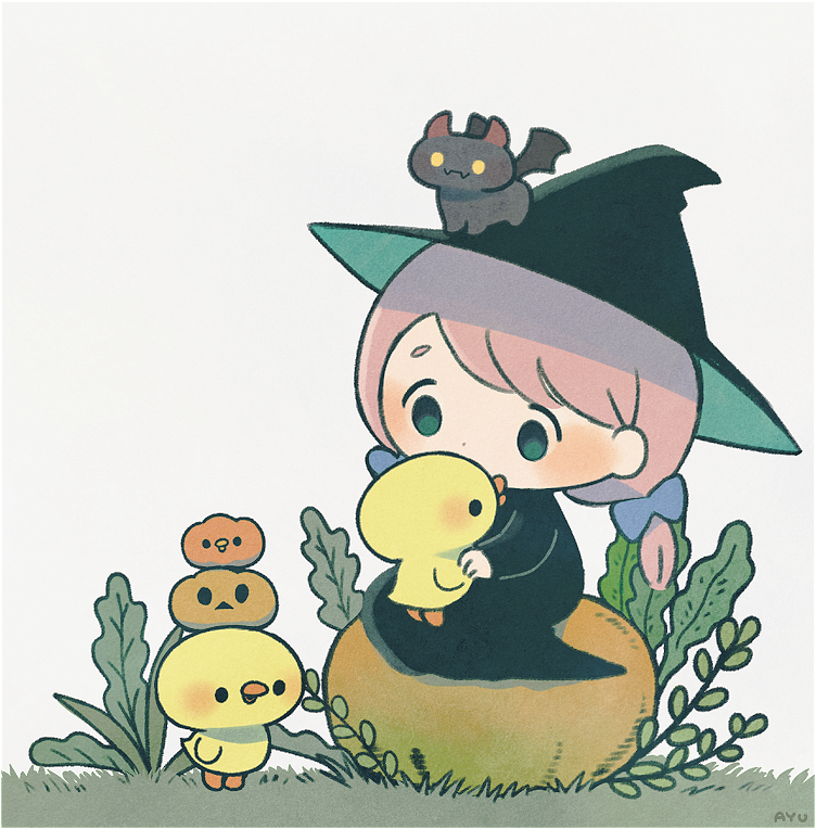 ayu_(mog) bird black_dress blue_bow bow chick dress grass green_eyes greyscale hair_bow hat long_sleeves monochrome pink_hair pumpkin simple_background sitting twintails witch witch_hat