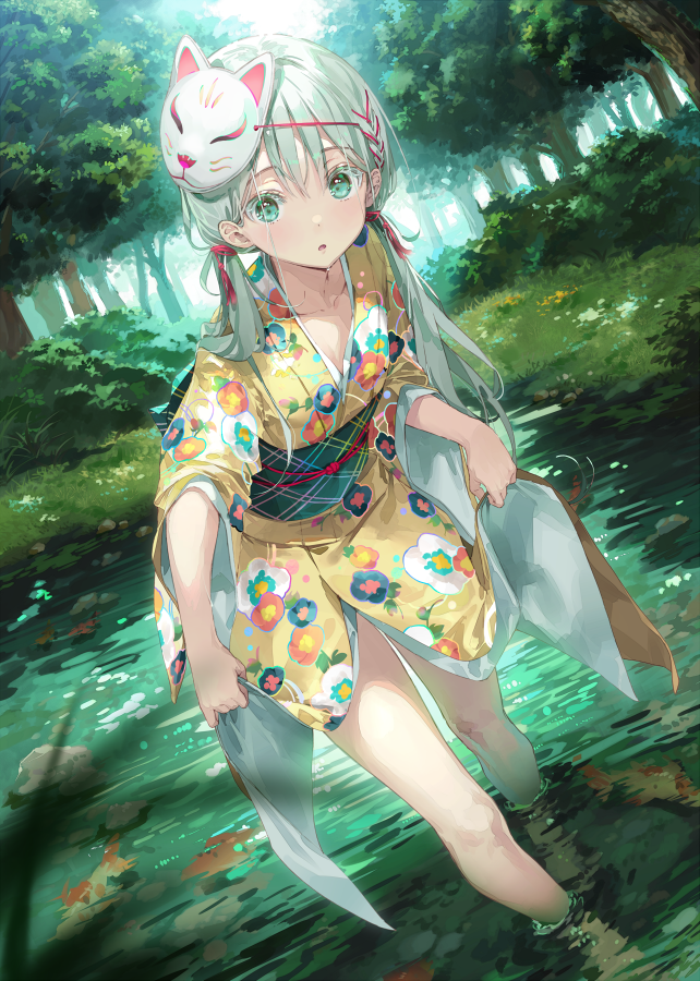1girl :o aqua_eyes aqua_hair backlighting bare_legs blush collarbone day dsmile dutch_angle fish floral_print forest hair_ribbon japanese_clothes kimono kimono_hold leaning_forward long_hair long_sleeves looking_at_viewer low_twintails mask mask_on_head nature original outdoors parted_lips pond print_kimono red_ribbon ribbon solo tree twintails wading wide_sleeves yellow_kimono yukata