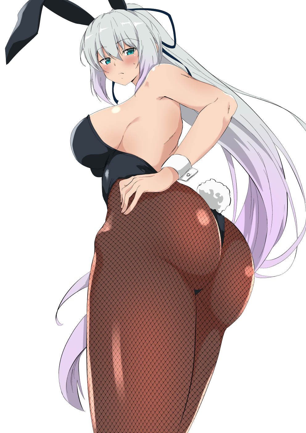 1girl :i animal_ears ass black_leotard blush breasts bunny_day eyebrows_visible_through_hair fake_animal_ears fake_tail fishnet_legwear fishnets green_eyes hand_on_hip highres large_breasts leotard long_hair looking_back original pantyhose sidelocks tail thighs tied_hair ume_tetu wrist_cuffs