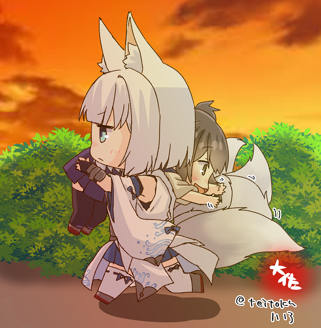 2girls :d animal_ears azur_lane black_hair black_legwear carrying carrying_over_shoulder chibi clouds cloudy_sky crossover detached_sleeves fox_ears fox_tail grey_eyes japanese_clothes kaga_(battleship)_(azur_lane) kaga_(kantai_collection) kantai_collection kyuubi long_hair multiple_girls multiple_tails namesake open_mouth pleated_skirt short_hair side_ponytail skirt sky smile tail taisa_(kari) thigh-highs translation_request twilight twitter_username walking white_hair white_legwear zettai_ryouiki