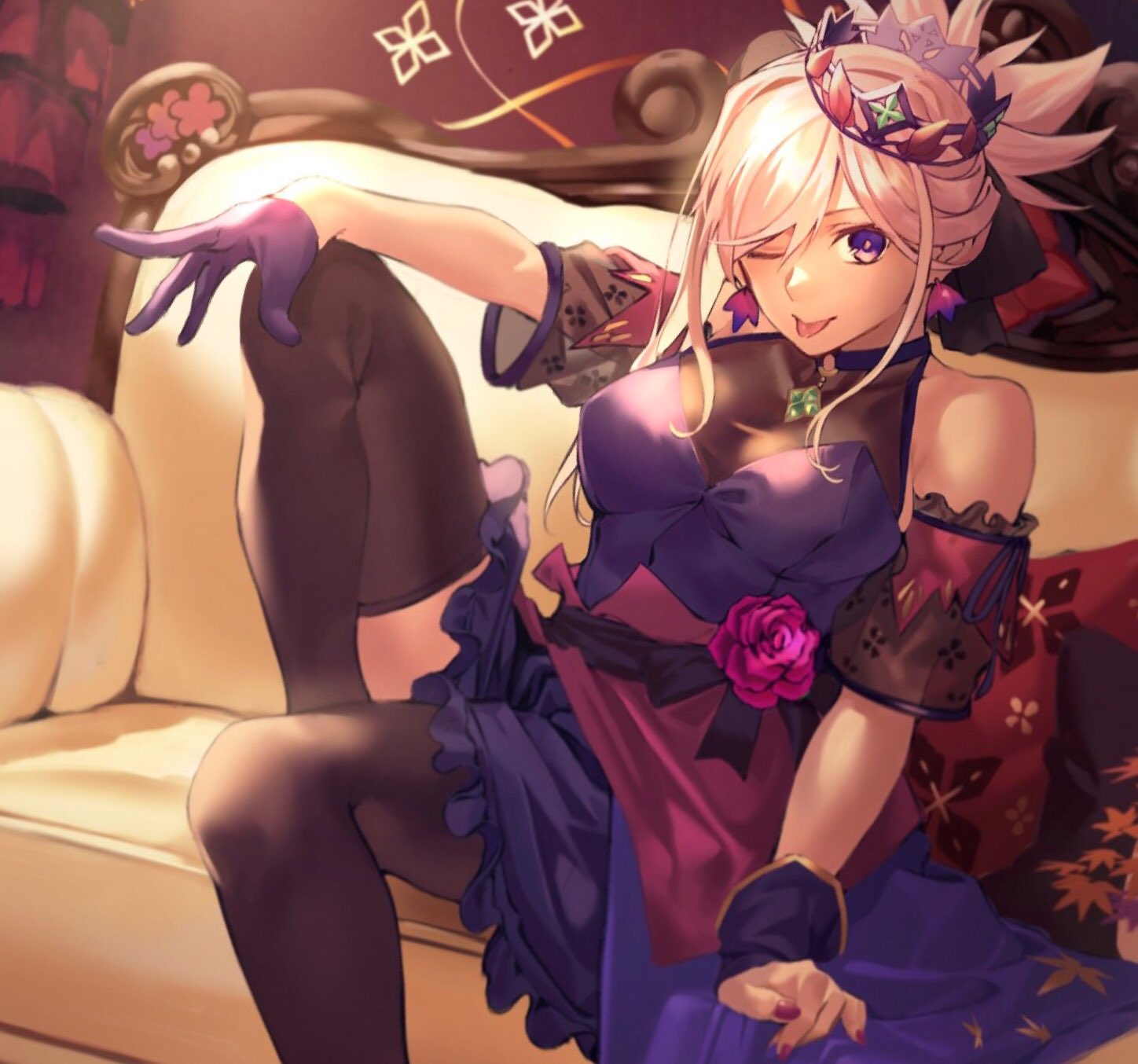 1girl bare_shoulders breasts commentary_request couch crown dress earrings fate/grand_order fate_(series) gloves highres hiro_(hirohiro_gorira) jewelry looking_at_viewer medium_breasts miyamoto_musashi_(fate/grand_order) one_eye_closed ponytail sitting solo thigh-highs tongue tongue_out violet_eyes white_hair zettai_ryouiki