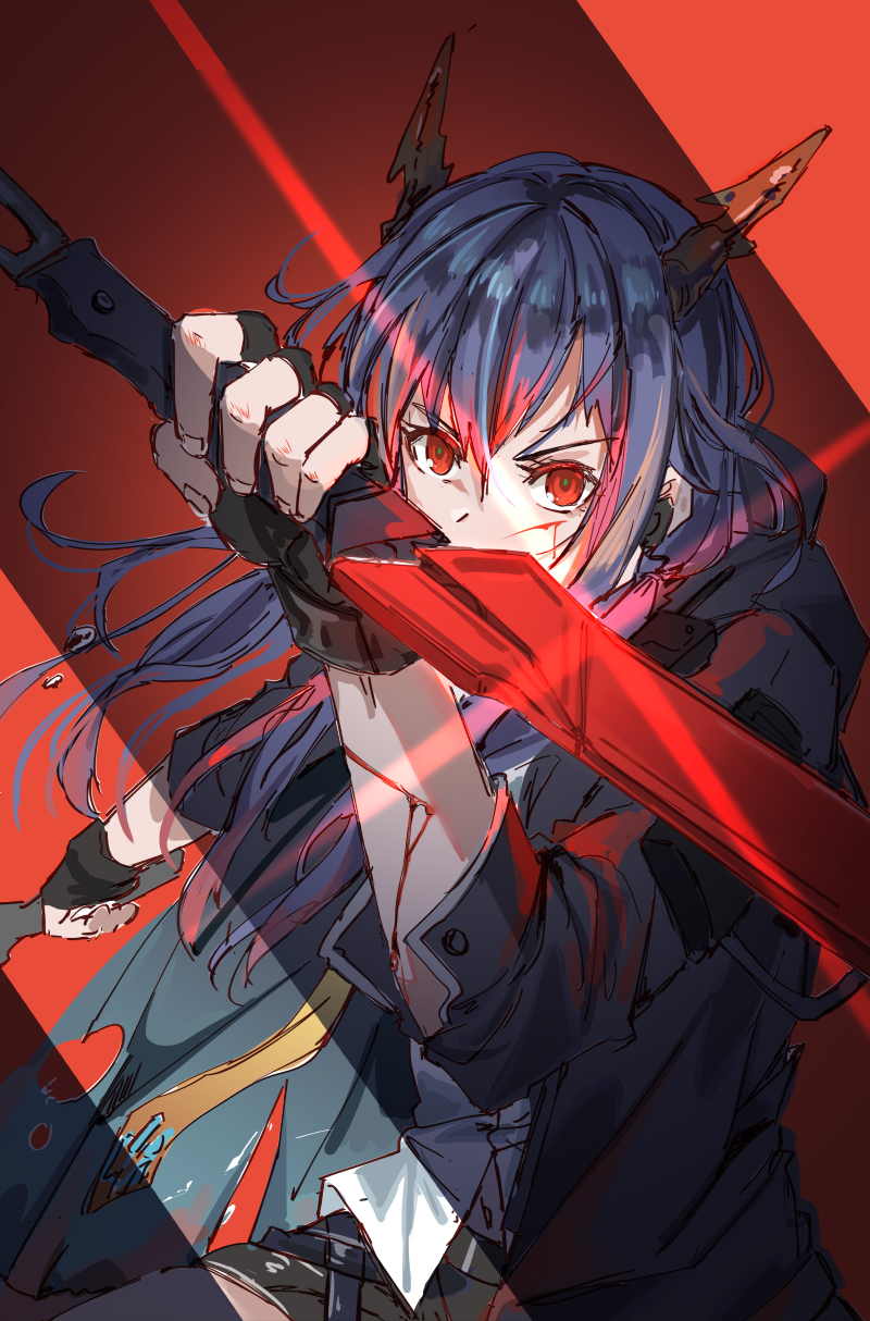 1girl arknights bangs black_gloves black_jacket blood blue_hair ch'en_(arknights) chi_xiao_(arknights) commentary dragon_horns fingerless_gloves gloves highres holding holding_sword holding_weapon horns iceky jacket long_hair long_sleeves red_eyes solo sword upper_body weapon
