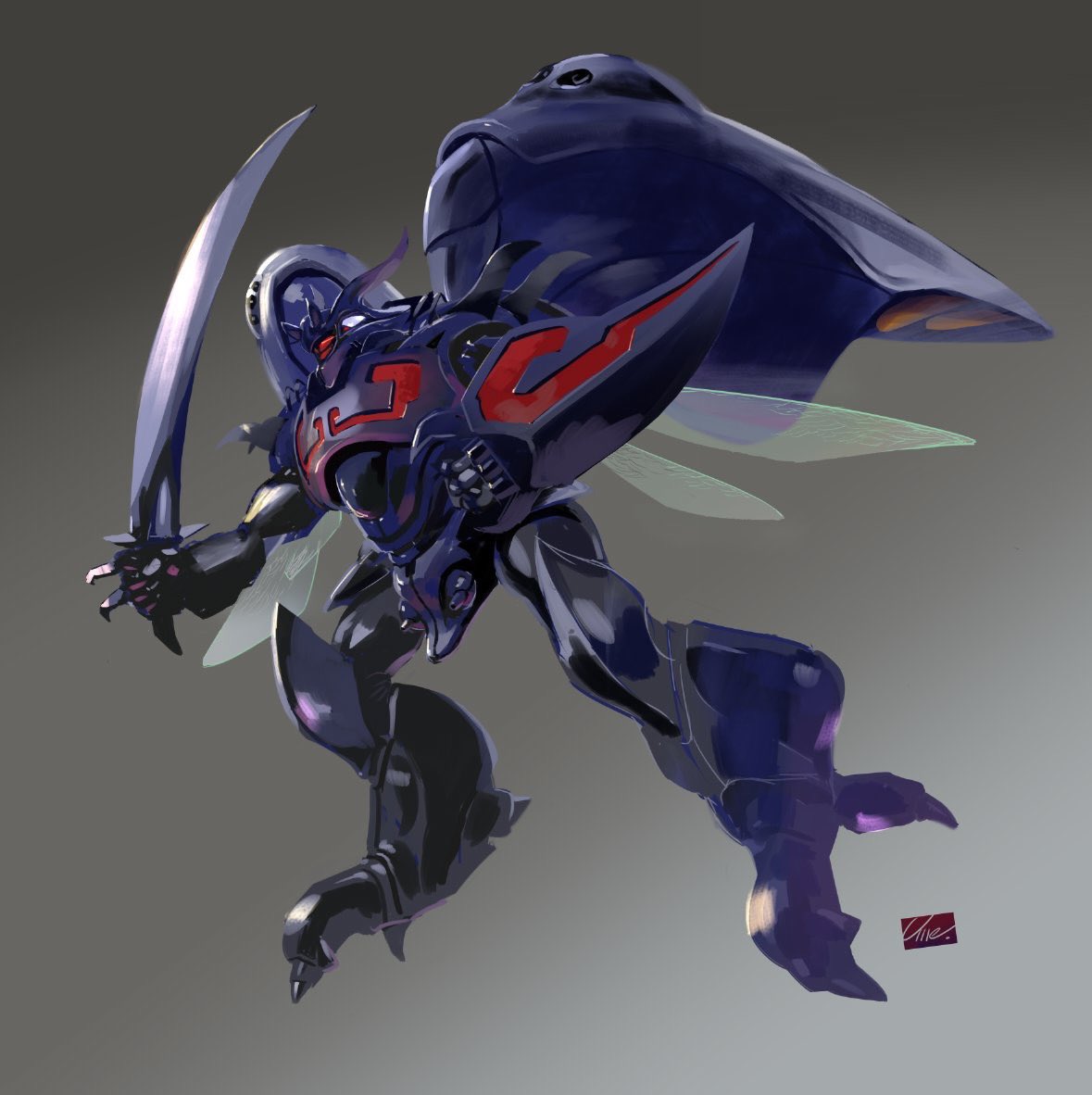 clenched_hands flying grey_background holding holding_sword holding_weapon horns insect_wings mecha no_humans red_eyes seisenshi_dunbine solo sword umeno_ryuuji weapon wings zwarth