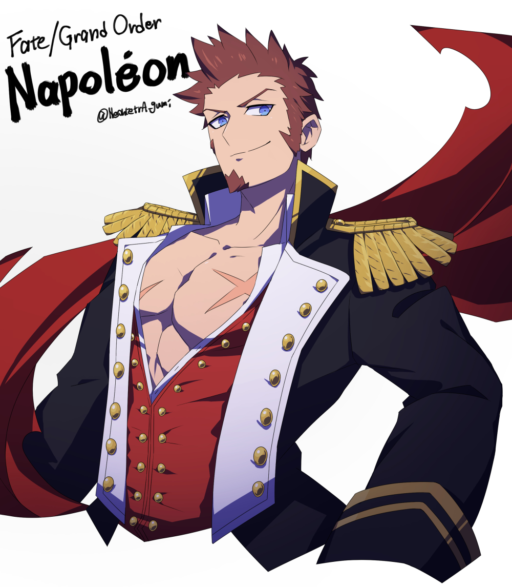 1boy abs beard blue_eyes brown_hair chest collar cropped_torso epaulettes facial_hair fate/grand_order fate_(series) fringe_trim goatee jacket long_sleeves looking_at_viewer male_focus muscle napoleon_bonaparte_(fate/grand_order) neo_kabocha open_clothes open_jacket open_shirt pectorals scar sideburns smile solo unbuttoned