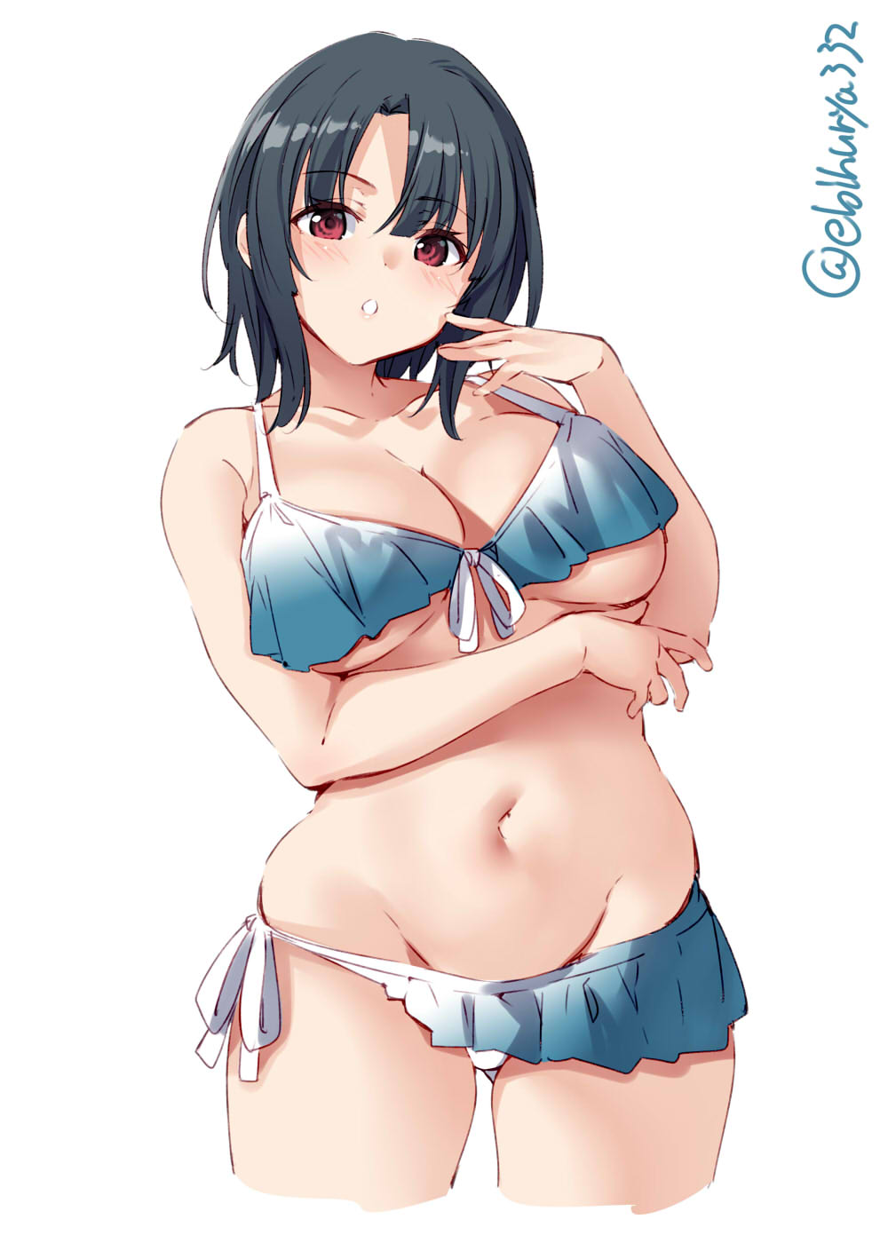 1girl bikini black_hair blue_bikini blush breasts collarbone cropped_legs ebifurya eyebrows_visible_through_hair front-tie_bikini front-tie_top groin highres kantai_collection large_breasts navel parted_lips red_eyes short_hair side-tie_bikini simple_background solo swimsuit takao_(kantai_collection) twitter_username white_background