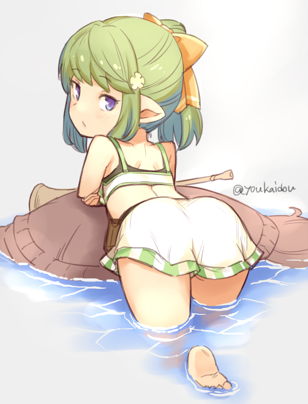 1girl ass bikini from_behind granblue_fantasy green_hair harvin instrument jingai_modoki looking_back mimlememel pointy_ears ponytail swimsuit trumpet turtle twitter_username violet_eyes water