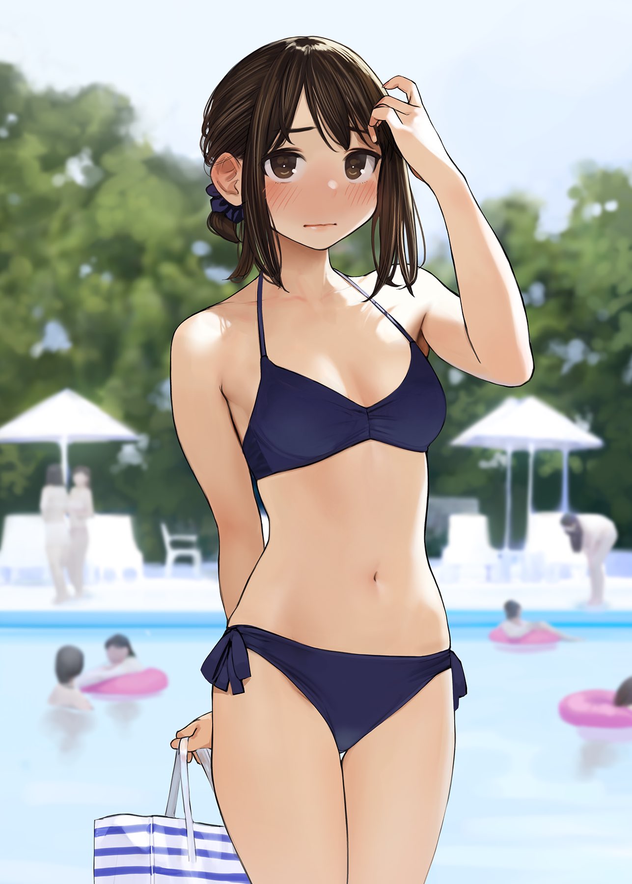 1girl 6+others adjusting_hair bag bangs bare_shoulders bikini blue_bikini blue_scrunchie blurry blurry_background blush breasts brown_eyes brown_hair commentary day ganbare_douki-chan hair_ornament hair_scrunchie highres holding holding_bag looking_at_viewer medium_breasts multiple_others navel office_lady_(yomu_(sgt_epper)) outdoors pool scrunchie short_hair short_ponytail sidelocks solo_focus stomach swimsuit thighs yomu_(sgt_epper)