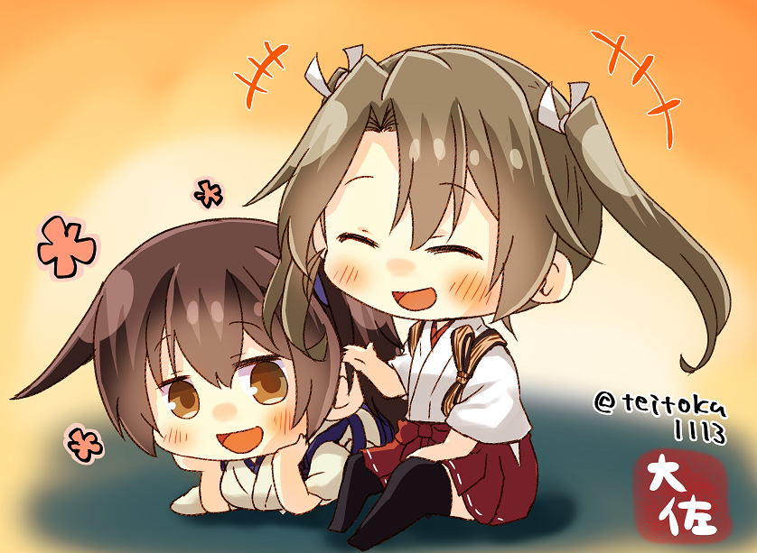 2girls black_legwear blue_hakama brown_eyes brown_hair chibi closed_eyes gradient gradient_background grey_hair hakama hakama_skirt japanese_clothes kaga_(kantai_collection) kantai_collection long_hair multiple_girls red_hakama ribbon side_ponytail smile taisa_(kari) tasuki thigh-highs twintails white_ribbon yellow_background zuikaku_(kantai_collection)