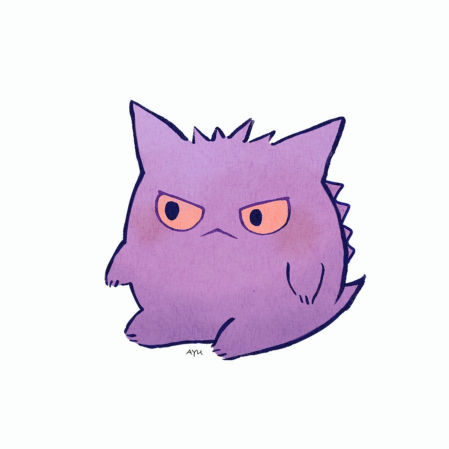 :&lt; ayu_(mog) closed_mouth gen_1_pokemon gengar no_humans pokemon pokemon_(creature) signature simple_background sitting solo white_background