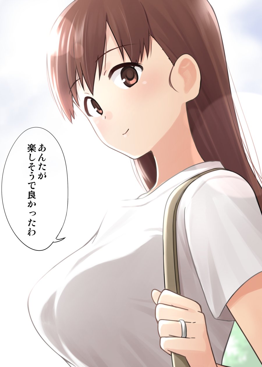 1girl alternate_costume breasts brown_eyes brown_hair casual eyebrows_visible_through_hair from_side highres ikari_manatsu jewelry kantai_collection large_breasts long_hair looking_at_viewer ooi_(kantai_collection) ring shirt simple_background smile solo t-shirt translation_request upper_body wedding_band white_background white_shirt