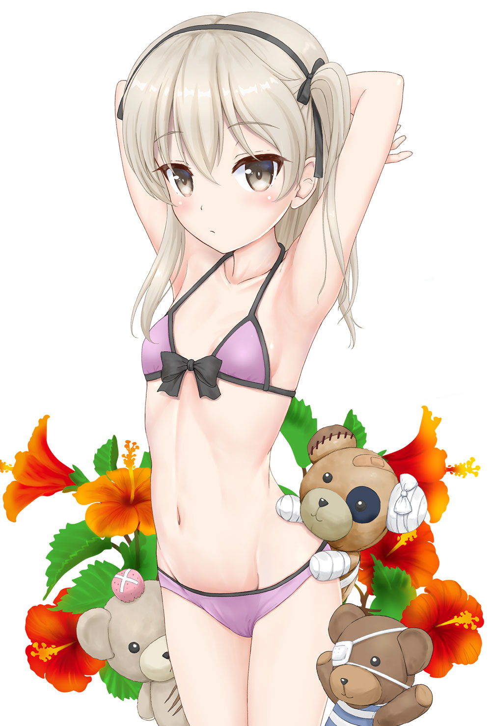 1girl armpits arms_behind_head arms_up bandages bandaid bangs bare_arms bare_shoulders bikini black_bow blush boko_(girls_und_panzer) bow bow_bikini breasts brown_eyes brown_hair closed_mouth collarbone commentary_request eyebrows_visible_through_hair eyepatch flipper flower girls_und_panzer groin hair_between_eyes head_bump highres long_hair looking_at_viewer medical_eyepatch navel pink_bikini red_flower shimada_arisu simple_background small_breasts solo striped stuffed_animal stuffed_toy swimsuit teddy_bear two_side_up white_background
