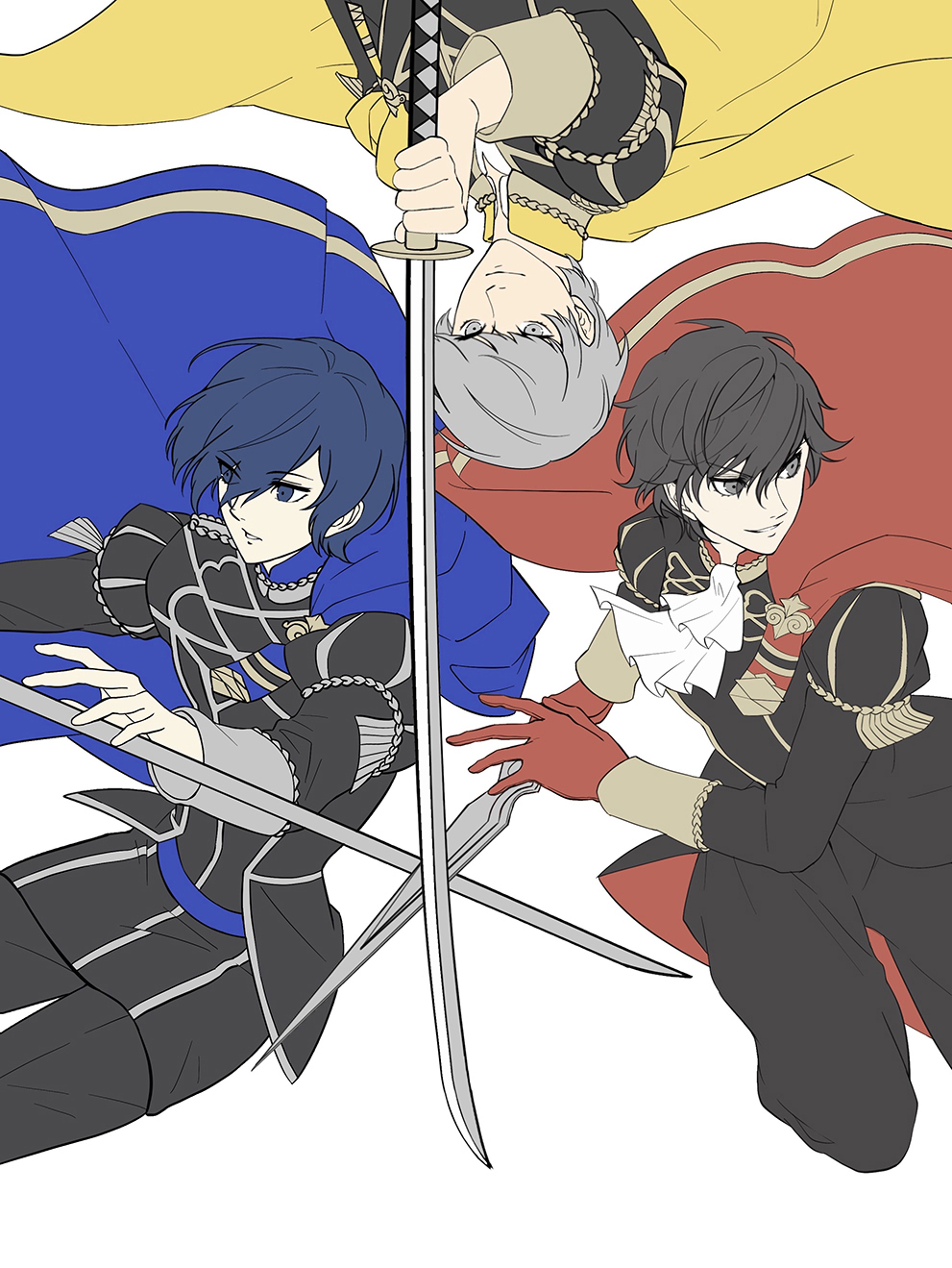 3boys amamiya_ren ascot black_hair blue_cape blue_eyes blue_hair cape capelet closed_mouth cosplay dagger derivative_work edelgard_von_hresvelg edelgard_von_hresvelg_(cosplay) eyebrows_visible_through_hair eyes_visible_through_hair fire_emblem fire_emblem:_three_houses garreg_mach_monastery_uniform gloves grey_eyes grey_hair hair_over_one_eye highres holding holding_weapon katana long_sleeves looking_at_viewer looking_to_the_side loooooneutral male_focus multiple_boys narukami_yuu parted_lips persona persona_3 persona_4 persona_5 red_cape red_eyes red_gloves screencap_redraw short_hair simple_background smile smirk smug sword uniform upside-down weapon white_background yellow_cape yuuki_makoto