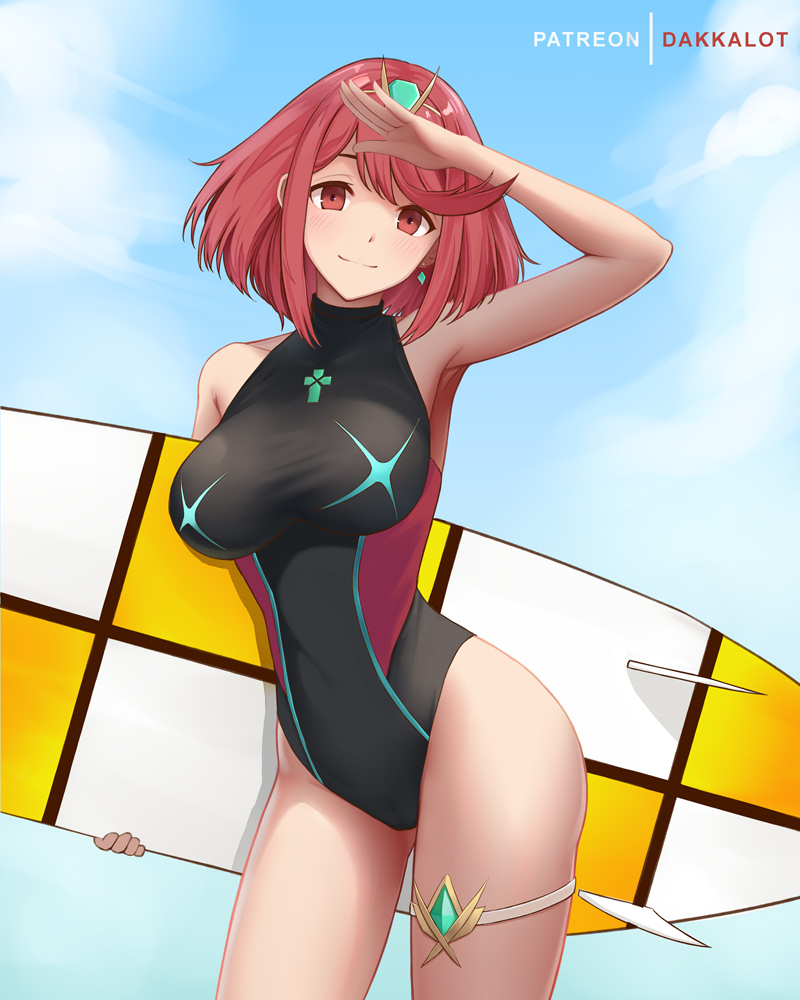 1girl armpits arms_up artist_name bare_arms bare_shoulders black_swimsuit blue_sky blush breasts closed_mouth collarbone competition_swimsuit contrapposto cowboy_shot dakkalot day earrings gem holding pyra_(xenoblade) jewelry large_breasts looking_at_viewer neon_trim one-piece_swimsuit outdoors red_eyes redhead salute short_hair sky smile solo surfboard swimsuit thighs tiara xenoblade_(series) xenoblade_2