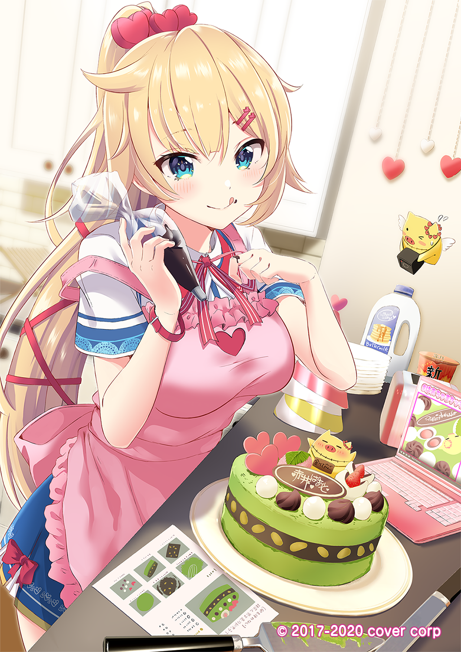 1girl akai_haato apron baking blonde_hair blue_eyes blue_skirt blush breasts cake cake_decoration chocolate chocolate_on_face closed_mouth commentary_request computer copyright_name food food_on_face haaton_(haato_channel) hair_ornament hair_ribbon hair_scrunchie hairpin highres hololive indoors kitchen knife laptop licking_lips long_hair medium_breasts pastry_bag pink_apron pink_scrunchie recipe_(object) red_ribbon ribbon scrunchie shiokazunoko short_sleeves skirt smile solo tongue tongue_out very_long_hair virtual_youtuber