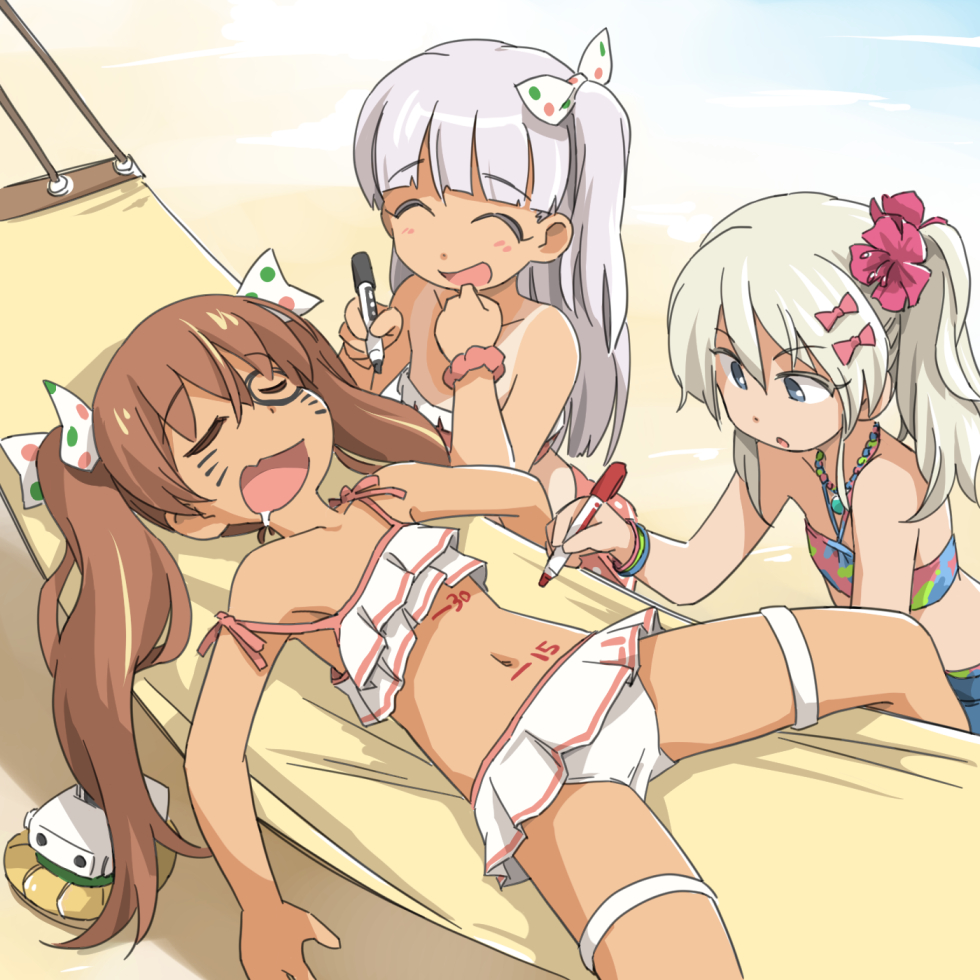 3girls bangs bare_arms bare_shoulders bikini blonde_hair blush body_writing bow brown_hair closed_eyes commentary_request drooling eyebrows_visible_through_hair fang frilled_bikini frills grecale_(kantai_collection) hair_bobbles hair_bow hair_ornament hair_ribbon hammock jewelry kantai_collection libeccio_(kantai_collection) long_hair lying maestrale_(kantai_collection) multiple_girls navel necklace one-piece_tan open_mouth prank revision ribbon scrunchie side_ponytail silver_hair sleeping spread_legs strap_slip swimsuit tan tanline tewarusa thigh_strap twintails wrist_scrunchie