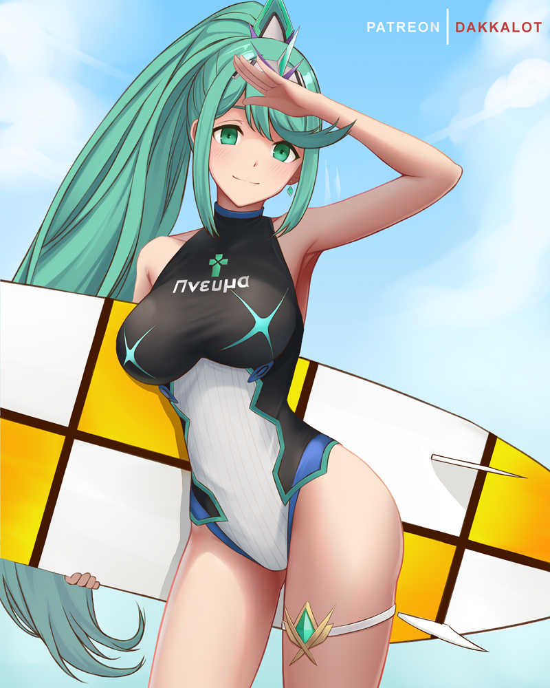 1girl aqua_eyes aqua_hair armpits arms_up artist_name bare_arms bare_shoulders blue_sky blush breasts character_name closed_mouth clothes_writing collarbone competition_swimsuit contrapposto cowboy_shot dakkalot day earrings gem holding jewelry large_breasts long_hair looking_at_viewer one-piece_swimsuit outdoors pneuma_(xenoblade) ponytail salute sky smile solo surfboard swimsuit tiara two-tone_swimsuit very_long_hair xenoblade_(series) xenoblade_2