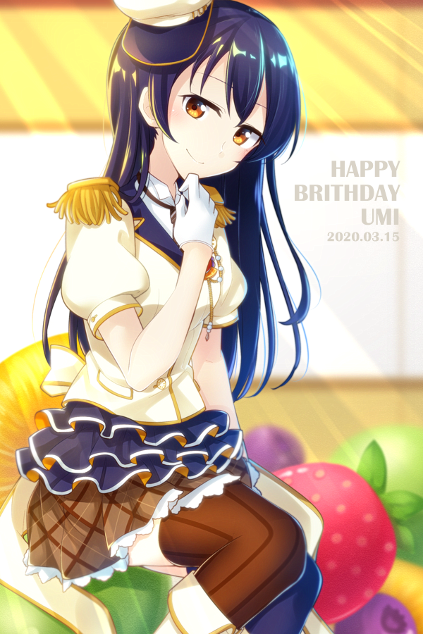 1girl bangs birthday blue_hair cake character_name commentary_request dated english_text epaulettes food gloves hair_between_eyes happy_birthday hat long_hair looking_at_viewer love_live! love_live!_school_idol_festival love_live!_school_idol_project mismatched_legwear morugen short_sleeves sitting smile solo sonoda_umi striped striped_legwear thigh-highs vertical-striped_legwear vertical_stripes white_gloves yellow_eyes