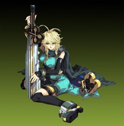 1girl ahoge bare_shoulders blonde_hair blue_outfit breasts cape detached_sleeves elly_(mini_fighter) green_background green_eyes knight lock medium_hair mini_fighter official_art shorts sitting solo sword thighhighs warrior