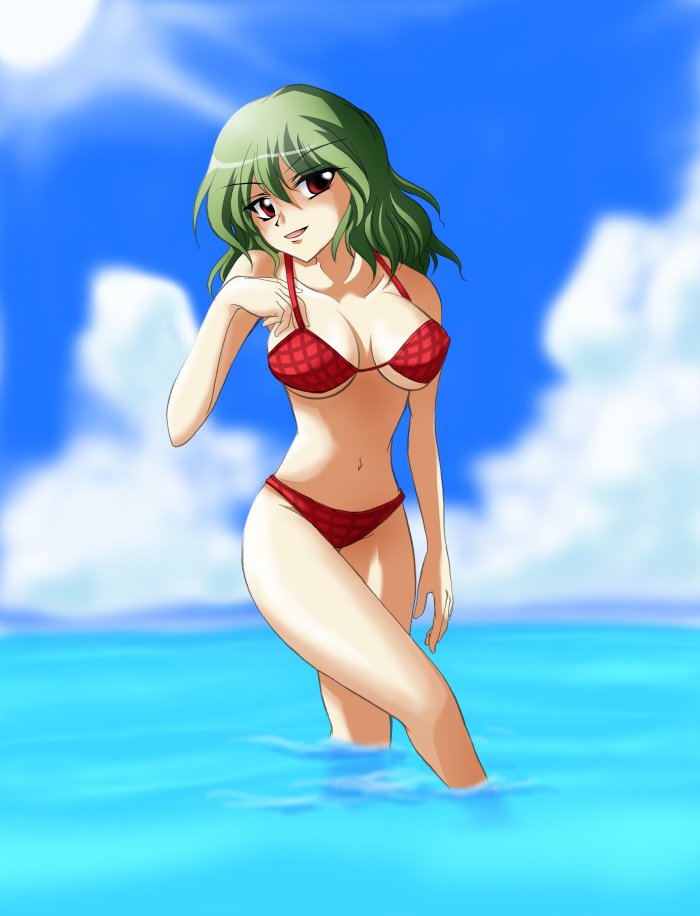 breasts breasts_apart cloud duplicate green_hair hand_on_own_chest kazami_yuuka large_breasts plaid_bikini red_eyes smile sun swimsuit touhou water