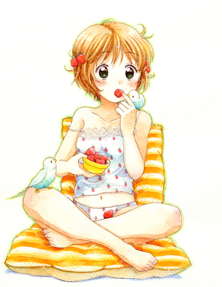 camisole feet food food_themed_clothes fruit nyannyannyan! ogawa_hidari original panties short_hair strap_slip strawberries strawberry underwear