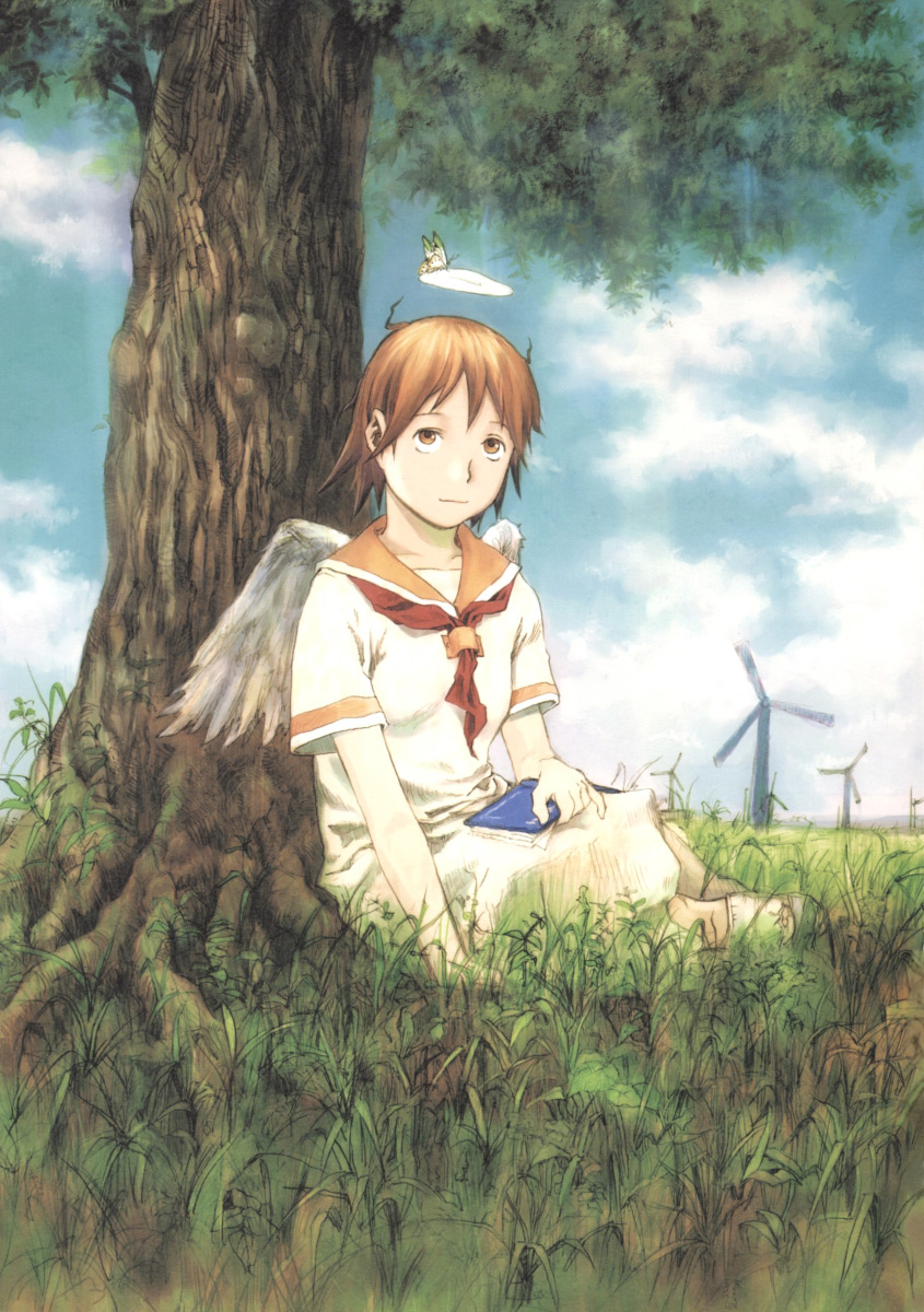 angel butterfly cloud clouds grass haibane_renmei halo highres nature rakka sky static_cling tree trees wings yoshitoshi_abe