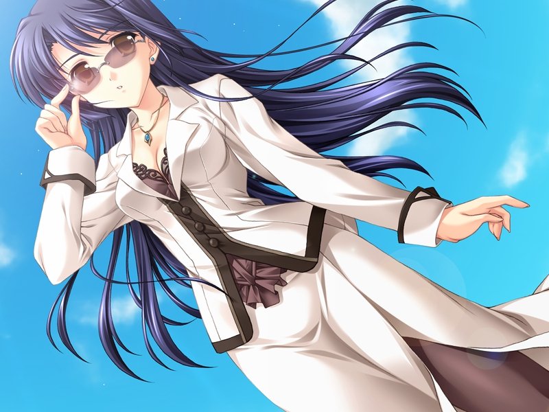 1girl adjusting_sunglasses akino_takehiko ankoromochi bangs blazer blue_hair bra breasts brown_eyes business_suit buttons cleavage cloud clouds dutch_angle earrings female fingernails formal game_cg hayama_mitsuki jewelry lace lace-trimmed_bra lens_flare lingerie long_fingernails long_hair long_skirt looking_at_viewer necklace office_lady outdoors pantyhose pendant scarlett skirt skirt_suit sky solo standing suit sunglasses underwear very_long_hair wind yellow_eyes