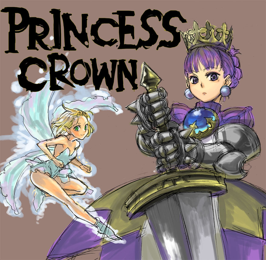arlia armor armored_dress brown_background crown fairy gauntlets gradriel kimuchi multiple_girls princess_crown sword weapon