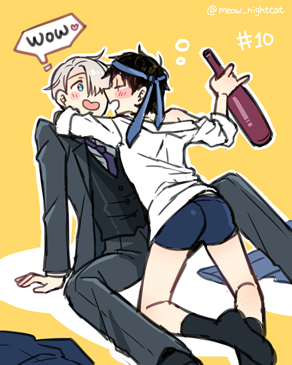 2boys black_hair blue_eyes bottle boxers drunk formal katsuki_yuuri male_focus multiple_boys necktie necktie_on_head nightcat no_pants off_shoulder open_mouth silver_hair sitting smile suit underwear viktor_nikiforov yaoi yuri!!!_on_ice