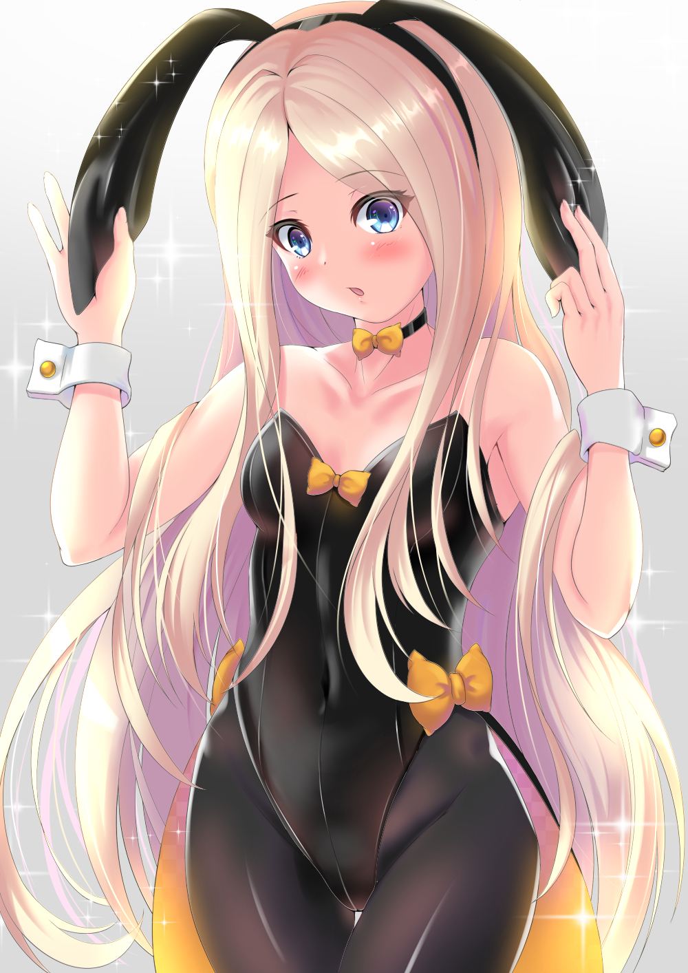 1girl abigail_williams_(fate/grand_order) animal_ears bangs black_legwear black_leotard blonde_hair blue_eyes bow breasts choker coattails collarbone covered_navel fate/grand_order fate_(series) forehead gradient gradient_background highleg highleg_leotard highres koji45hiro leotard long_hair multiple_bows open_mouth orange_bow pantyhose parted_bangs rabbit_ears small_breasts sparkle strapless strapless_leotard thighs wrist_cuffs