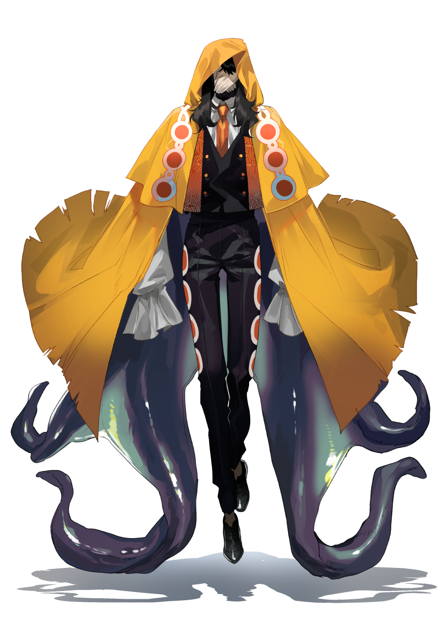 1boy black_hair cloak fingernails floating floating_hair highres hood hood_up hooded_cloak kyouichi long_hair male_focus necktie orange_neckwear original shadow simple_background sleeves_past_wrists solo tentacles torn_clothes wet white_background yellow_cloak