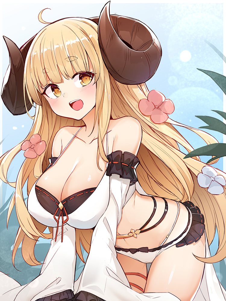 1girl ahoge anila_(granblue_fantasy) bangs bare_shoulders bikini blonde_hair blush breasts collarbone detached_sleeves draph granblue_fantasy horns large_breasts long_hair looking_at_viewer mou_tama_maru navel open_mouth sheep_horns short_eyebrows smile swimsuit thick_eyebrows very_long_hair wide_sleeves yellow_eyes