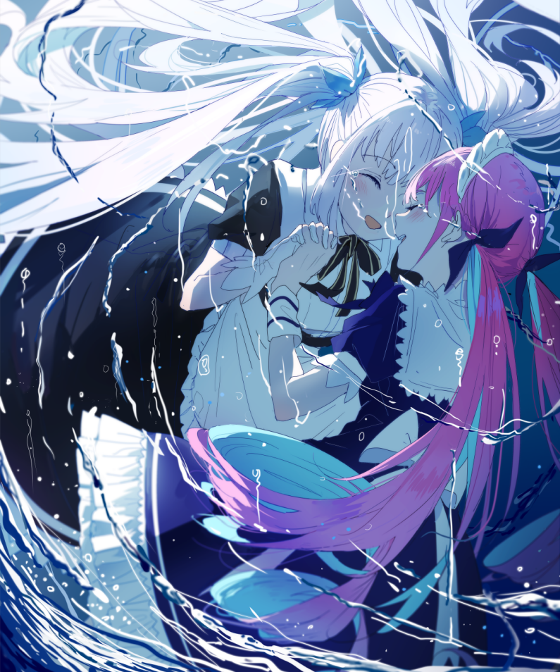 2girls blush braid bubble closed_eyes hair_ornament holding_hands hololive kagura_mea kagura_mea_channel long_hair maid_headdress minato_aqua multiple_girls open_mouth purple_hair silver_hair twin_braids twintails underwater user_ynra3743 water