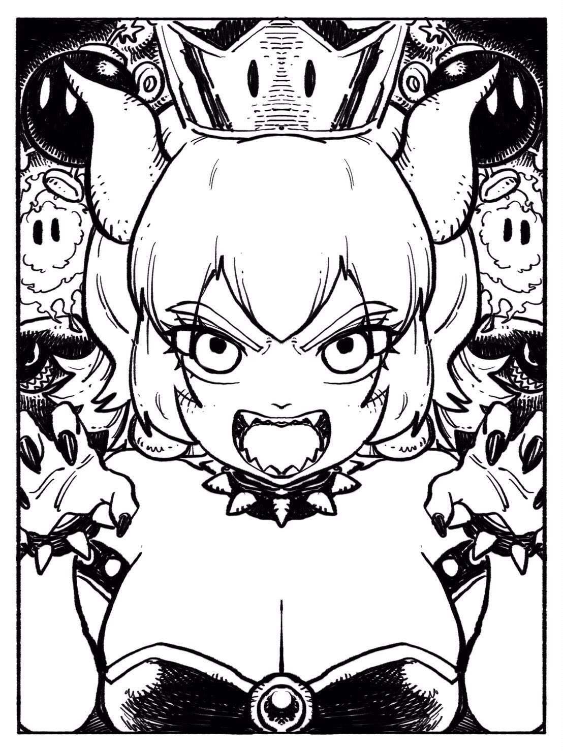 1girl angry armlet black_nails bob-omb bowsette bracelet breasts bullet_bill cleavage clothed collar crown dress earrings eyelashes fangs female female_focus frown genderswap genderswap_(mtf) horns huge_breasts lineart looking_at_viewer monochrome nintendo paw_pose sharp_fingernails sharp_teeth sidelocks solo_focus spiked_armlet spiked_bracelet spiked_collar super_mario_bros. takumi_watanuki upper_body