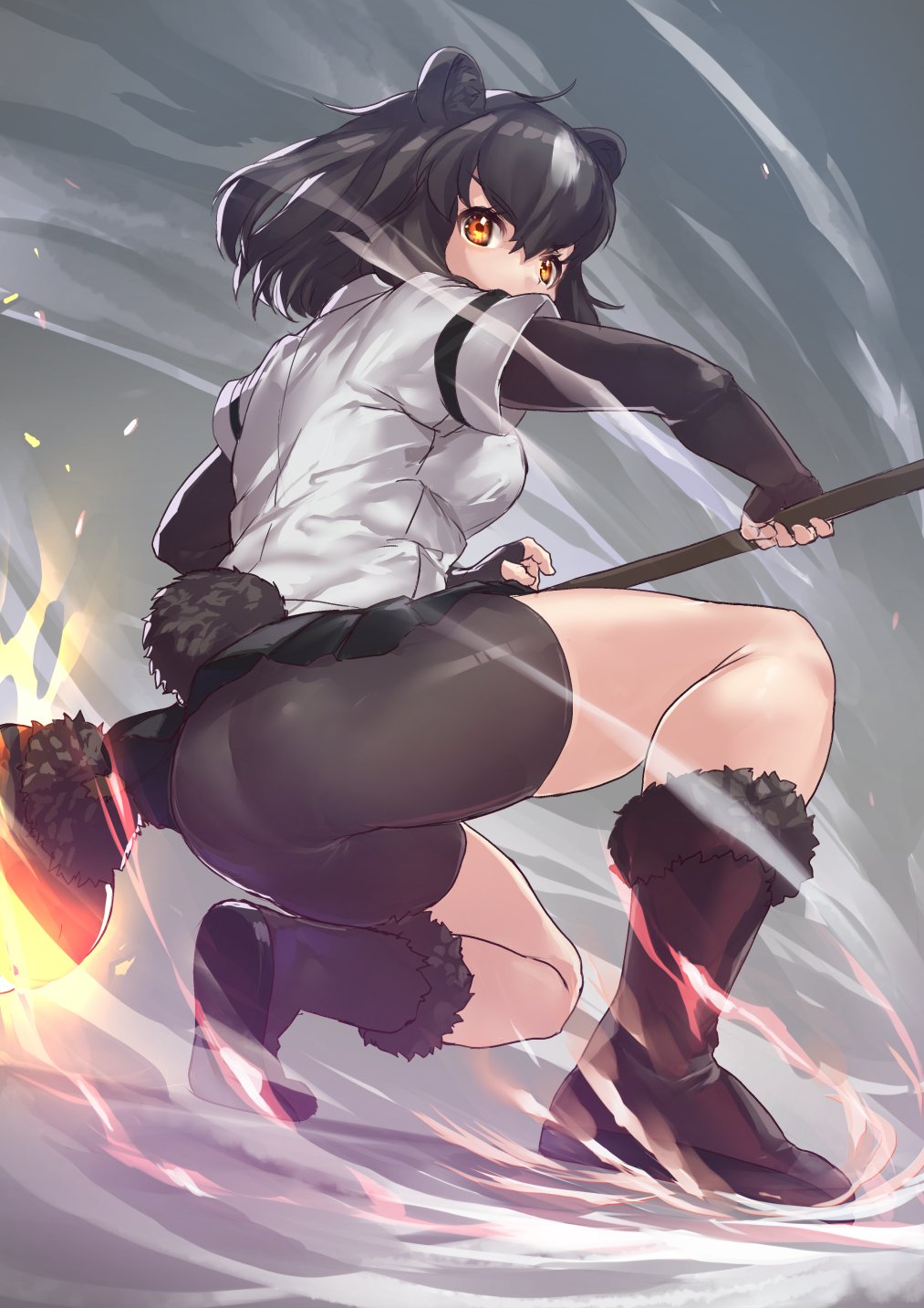 1girl animal_ears attack bear_ears bear_girl bear_paw_hammer bear_tail bike_shorts bike_shorts_under_shorts black_footwear black_shorts black_skirt boots brown_bear_(kemono_friends) brown_gloves brown_hair commentary_request elbow_gloves eyebrows_visible_through_hair fingerless_gloves fur_trim gloves glowing highres kemono_friends multicolored_hair orange_eyes pleated_skirt shirt short_hair short_sleeves shorts skirt solo squatting t-shirt tadano_magu tail weapon white_hair white_shirt