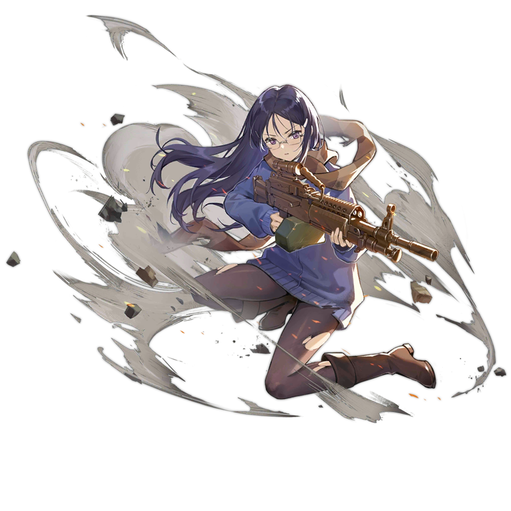 1girl aiming ammo_box bangs boots brown_footwear claes crossover damaged full_body girls_frontline glasses gun gunslinger_girl hair_ornament hairclip holding jacket long_hair long_sleeves looking_at_viewer m249 machine_gun official_art pantyhose parted_lips purple_hair scope solo torn_clothes torn_legwear transparent_background violet_eyes weapon