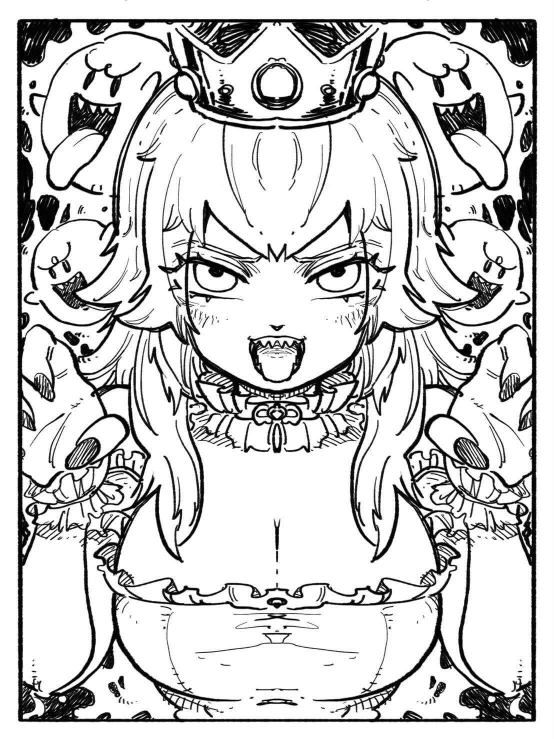 black_nails boo boosette breasts choker claw_pose cleavage clothed crown dress eyelashes female female_focus female_only frilled_choker frilled_dress frills genderswap genderswap_(mtf) ghost huge_breasts line_art long_hair long_nails super_mario_bros. monochrome nintendo princess_king_boo sharp_teeth solo_focus super_mario_bros. takumi_watanuki tongue tongue_out upper_body
