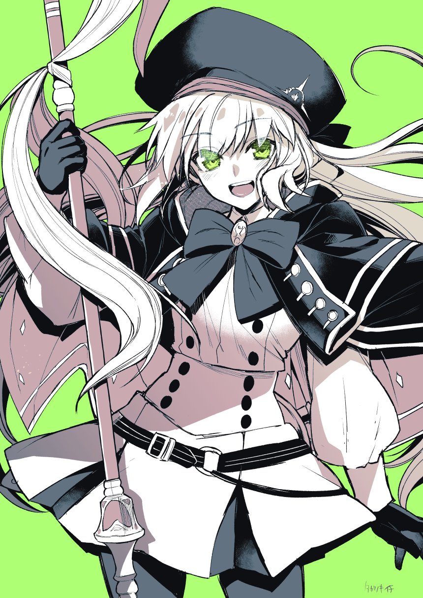 1girl artoria_pendragon_(all) artoria_pendragon_(caster) blush commentary_request cowboy_shot eyebrows_visible_through_hair eyes_visible_through_hair fate/grand_order fate_(series) gloves green_background green_eyes greyscale hat highres long_hair long_sleeves looking_at_viewer monochrome open_mouth simple_background skirt solo staff standing takatsuki_ichi teeth tongue