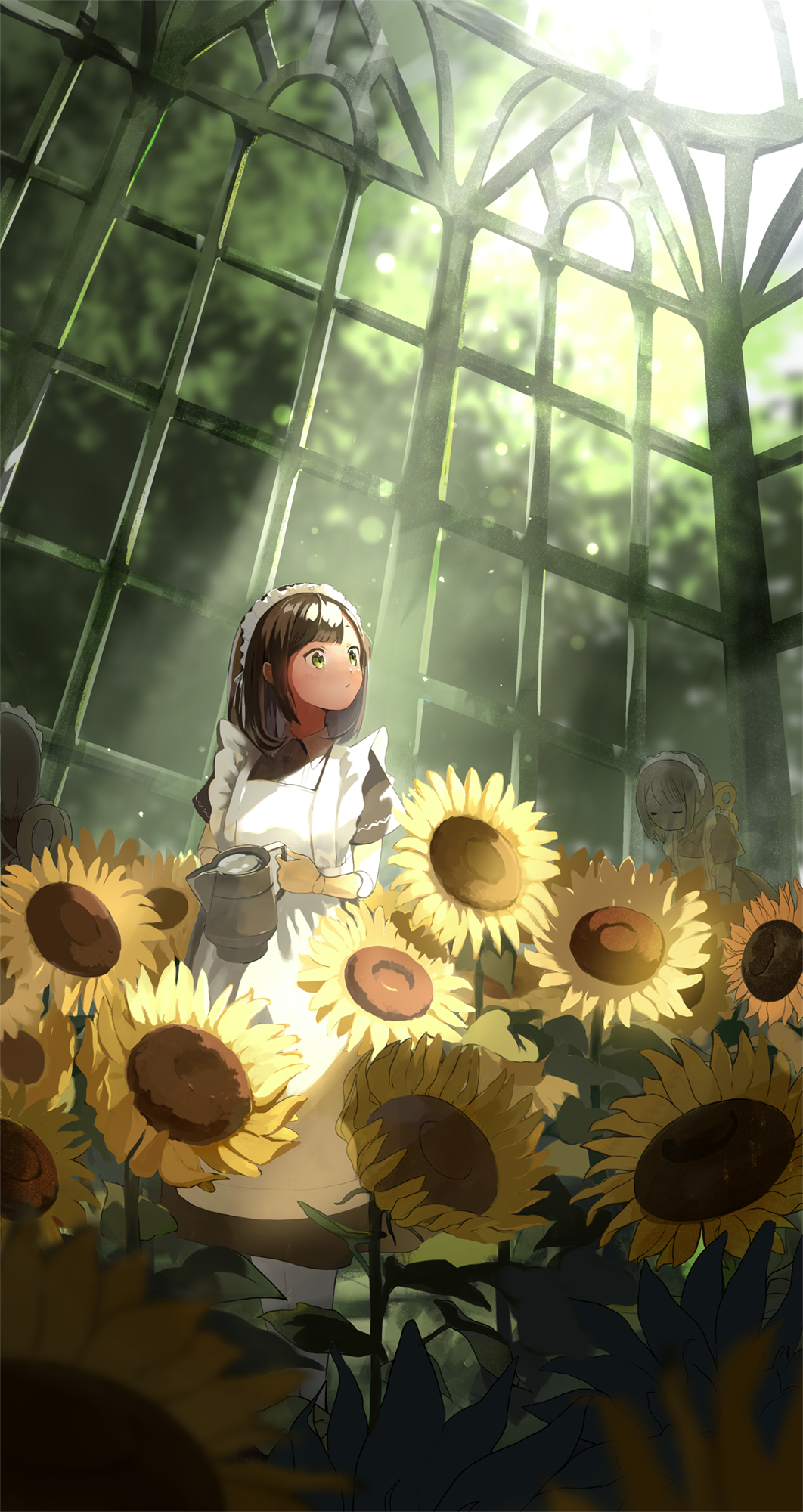 2girls apron brown_hair closed_eyes doll_joints flower green_eyes greenhouse highres hunched_over joints maid maid_apron maid_headdress medium_hair multiple_girls original plant ruins sunflower sunlight tasuku_(otomebotan) watering_can when_you_see_it winding_key