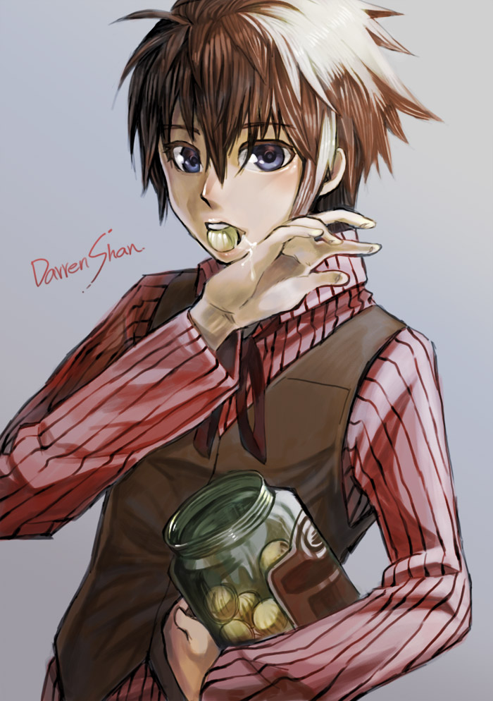 1boy black_hair character_name darren_shan food_in_mouth green_eyes jar male_focus necktie onion short_hair solo the_saga_of_darren_shan vest