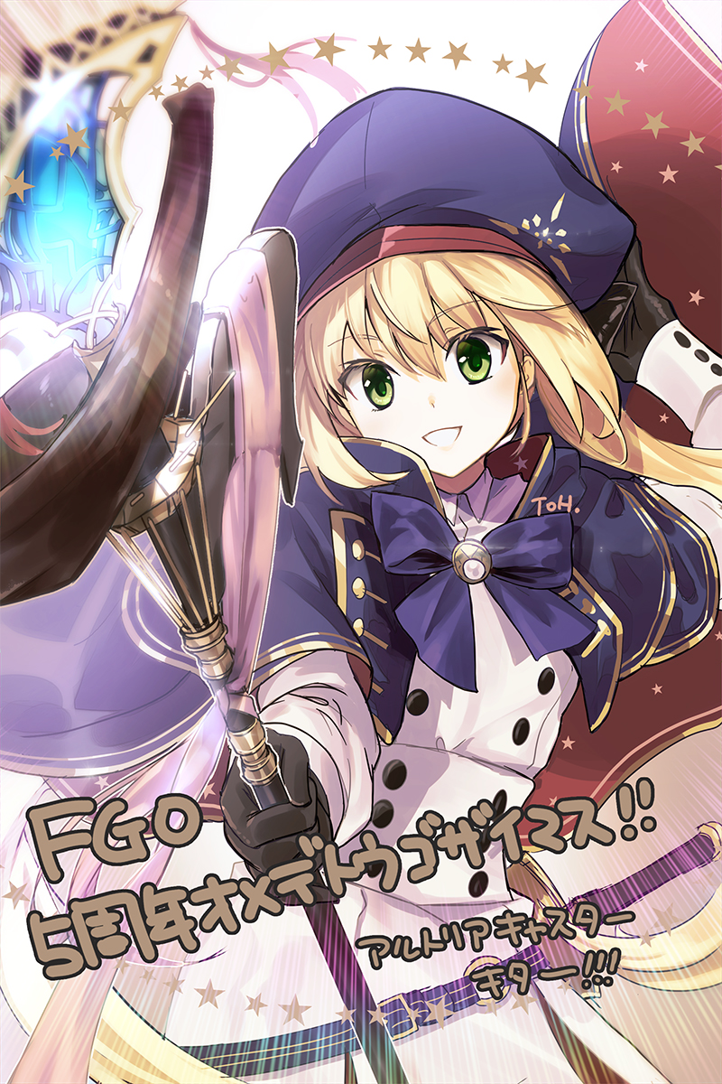 !! 1girl artoria_pendragon_(caster) blonde_hair commentary_request eyebrows_visible_through_hair eyes_visible_through_hair fate/grand_order fate_(series) gloves green_eyes hair_between_eyes hat highres holding holding_staff long_hair looking_at_viewer ripodpotato smile solo staff star_(symbol) translation_request